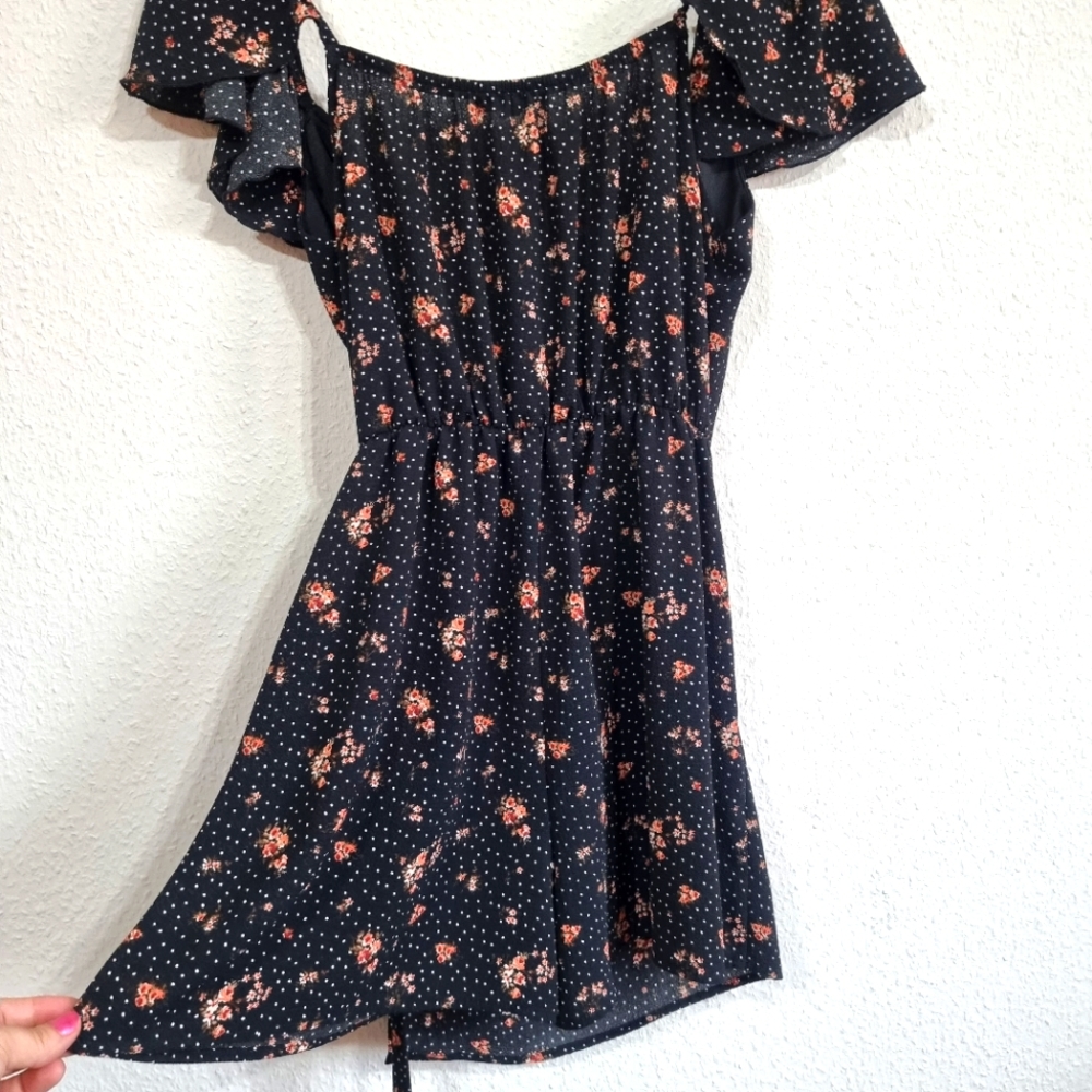 Women's Black Floral Bailey Blue Wrap Tie Dress with flowy cap sleeves
